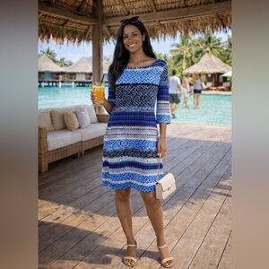 Donna Morgan Dress sz 10 Stretch Retro Boho Blue Midi 3/4 Sleeve Cruise Vacation